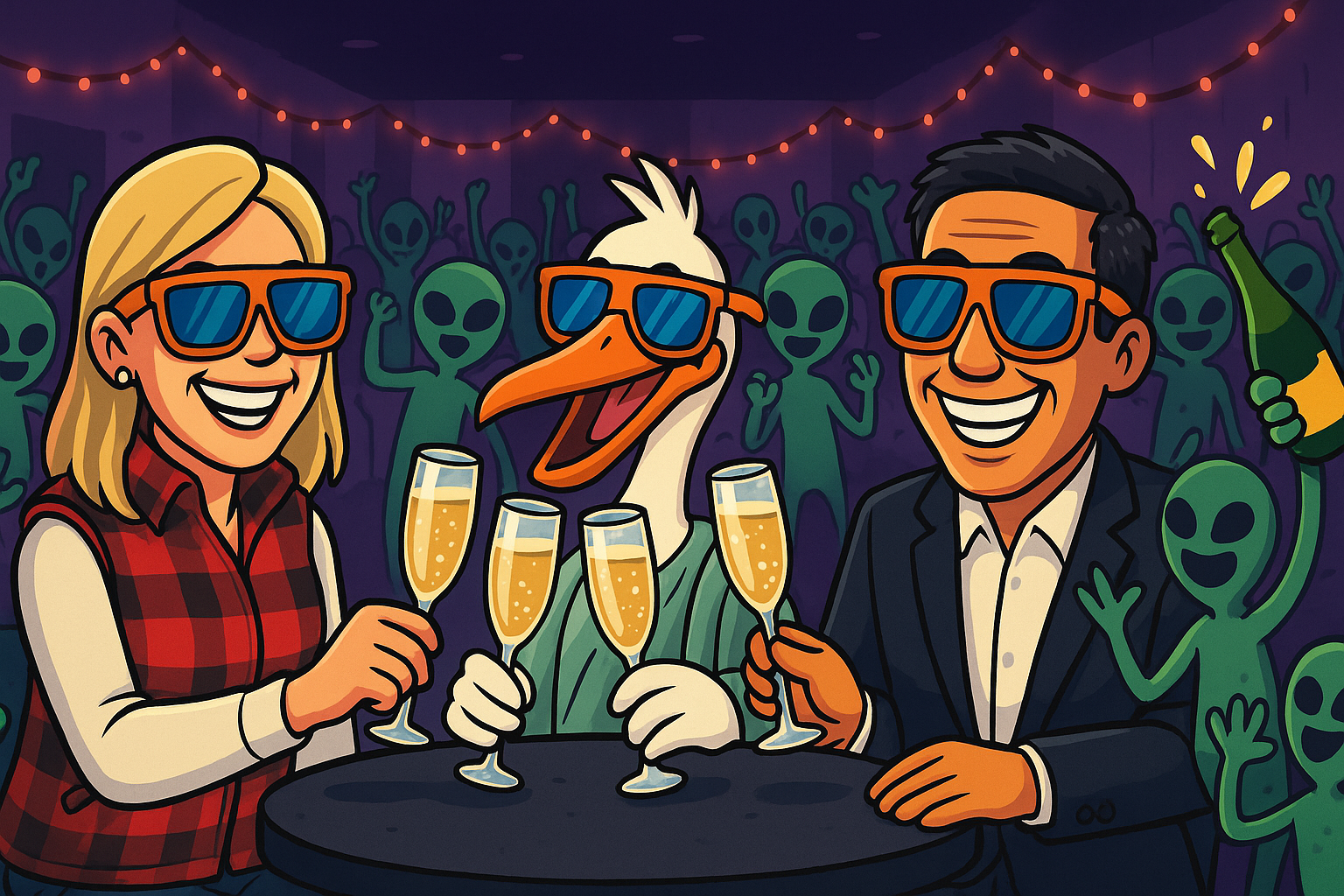 Three friends wearing sunglasses toast with champagne glasses while aliens celebrate in the background with string lights